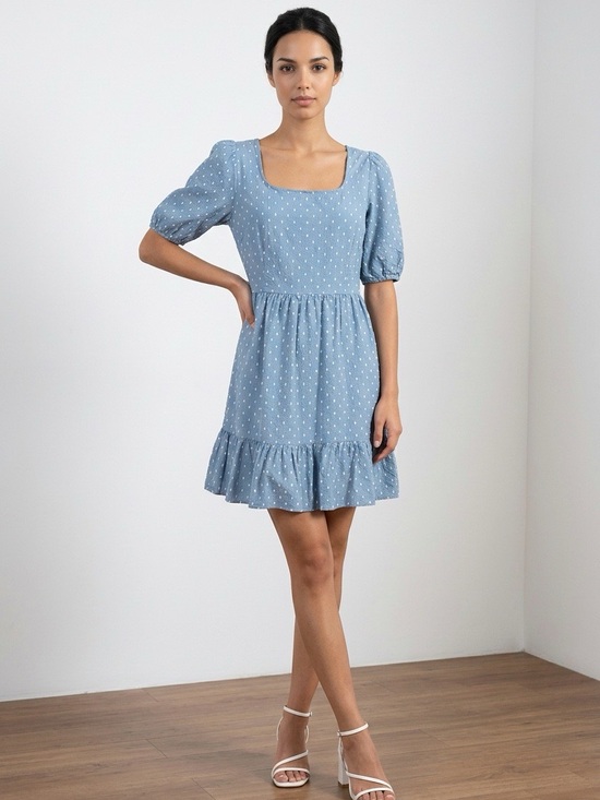 LOFT Dresses & Skirts - LOFT Cottagecore Blue Chambray Square-Neck Puff Sleeve Mini Dress Size 10